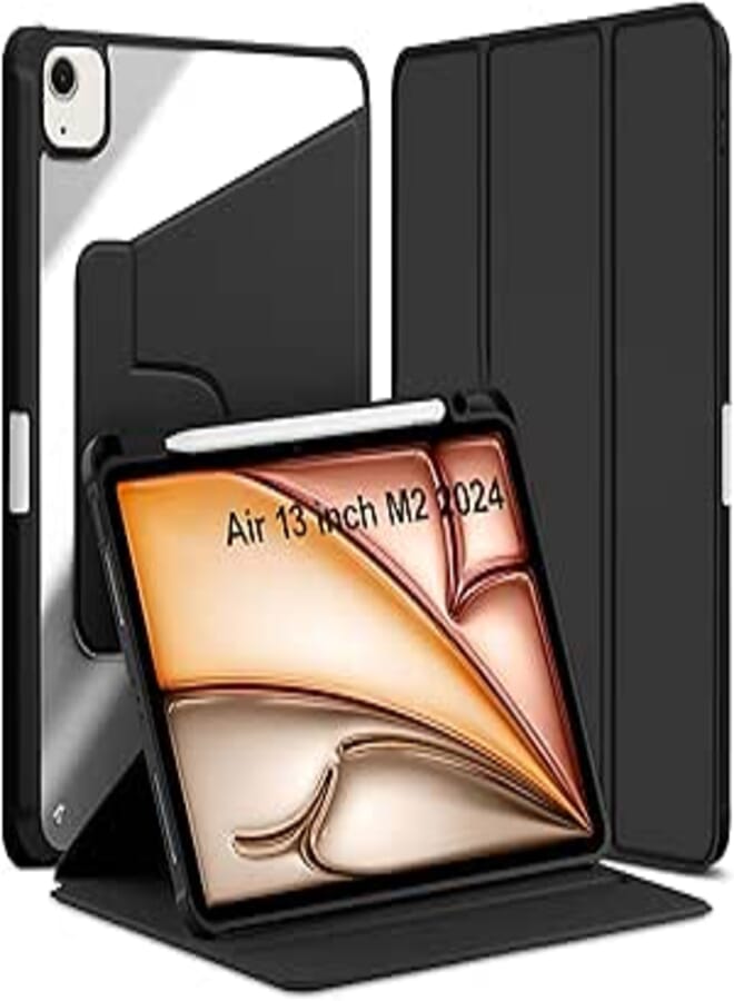 TGK Rotating Case for iPad Air 13 Inch M2 2024 with Pencil Holder 360 Degree Rotation Protective Trifold Stand Cover Clear Back (Black)